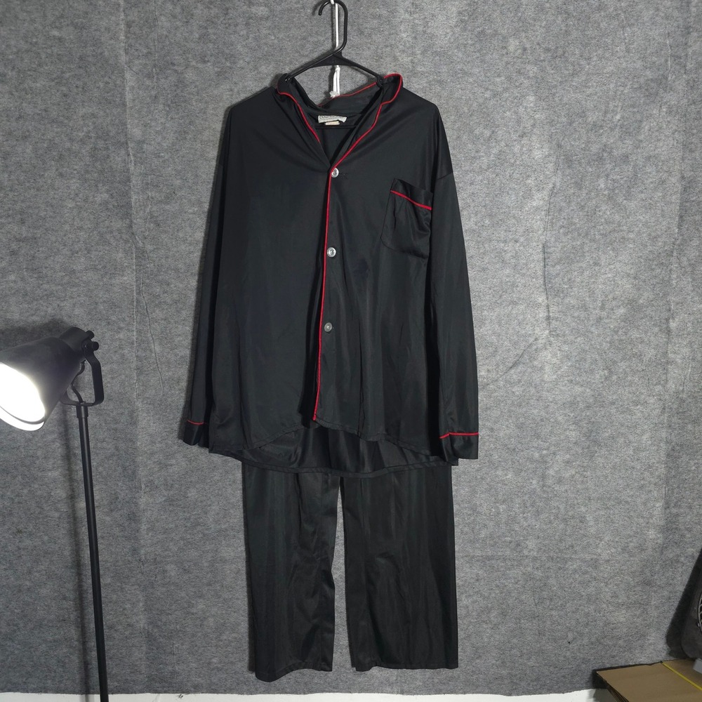 Oscar de la Renta Pajamas Mens XL Black Red Piping Vintage Nylon Tricot Set USA